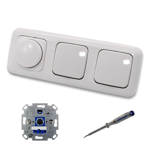 REV Ritter LED Drehdimmer Dimmer + Busch Jäger Dimmerscheibe 2115-214 und 2 x Lichtschalter 2000/6 US in Reflex Si alpinweiß glänzend inklusive EBROM Phasenprüfer zur Montage der Geräte ET1 66012B von EBROM SET IDEE