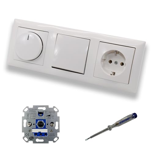 REV Ritter LED Drehdimmer Dimmer + Busch Jäger Dimmerscheibe 2115-914 + Lichtschalter 2000/6US + Steckdose 20EUC-914 Balance Si alpinweiß glänzend + EBROM Phasenprüfer z. Montage d. Geräte ET1 66012B von EBROM SET IDEE