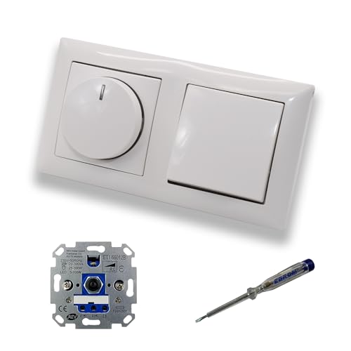 REV Ritter LED Drehdimmer Dimmer + Busch Jäger Dimmerscheibe 2115-914 und Lichtschalter 2000/6 US in Balance Si alpinweiß glänzend inklusive EBROM Phasenprüfer zur Montage der Geräte ET1 66012B von EBROM SET IDEE
