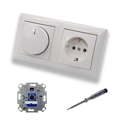 REV Ritter LED Drehdimmer Dimmer + Busch Jäger Dimmerscheibe 2115-914 und Steckdose 20EUC-914 in Balance Si alpinweiß glänzend inklusive EBROM Phasenprüfer zur Montage der Geräte ET1 66012B von EBROM SET IDEE