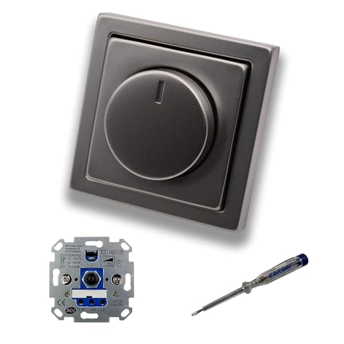 REV Ritter LED Drehdimmer LED-Dimmer mit Busch Jäger Dimmerscheibe Zentralplatte 6540-866-102 Einfachrahmen in PUR Edelstahl inklusive EBROM Phasenprüfer z. Montage des Dimmers ET1 66012B von EBROM SET IDEE