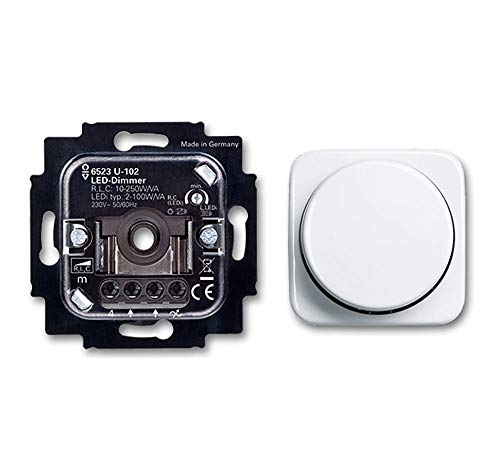 BUSCH-JÄGER, LED-Drehdimmer (LED Dimmer) 6523 U-102 (6523U 102) 6523U102 mit Zentralscheibe 2115-214 in Reflex Si alpinweiß von EBROM's BJ Sets