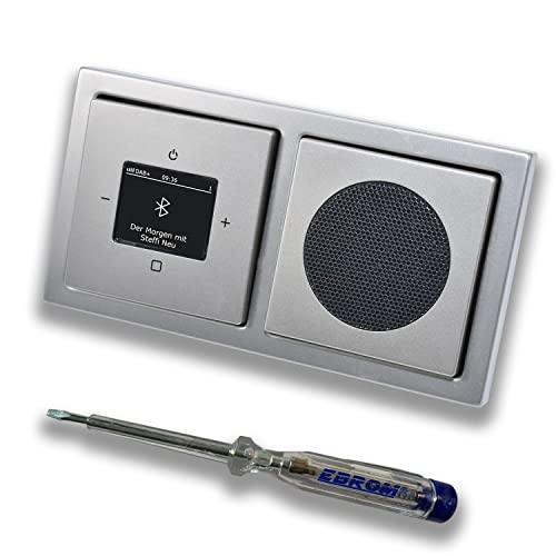 Busch Jäger DAB+ Unterputz Bluetooth (in and out) Radio 8217U-101 PUR Edelstahl, Komplett-Set 8217 U – 101 im 2-fach Rahmen + Lautsprecher + Abdeckungen inkl. EBROM Phasenprüfer zur Montage der Geräte von EBROM's BJ Sets