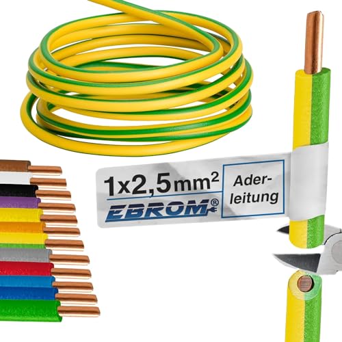 10 Meter Aderleitung - Einzelader starr - PVC Leitung - H07V-U 2,5 mm² - Farbe: grün/gelb 10 m 10 Meter Aderleitung - Einzelader starr - PVC Leitung - H07V-U 2,5 mm² - Farbe: grün/gelb 10 m von EBROM