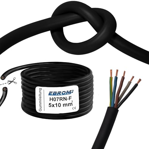 3 Meter flexible H07RN-F 5x10 mm² Gummileitung, Anschlussleitung, Gummikabel, Baustellenkabel, schwarz, UV- ölbeständig, u.a. für Wandladestation, E-Auto Ladebox Anschluss zur Ladestation, 5x10 mm2 von EBROM