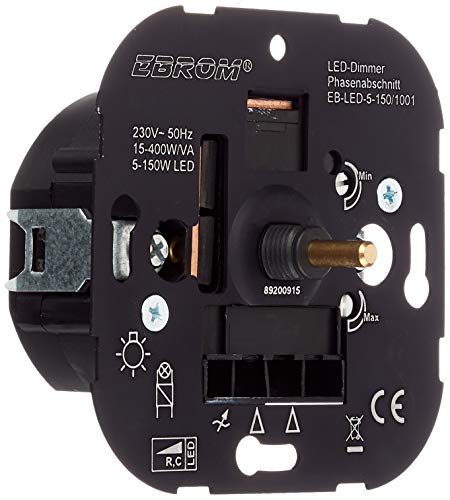 EBROM® Unterputz LED Dimmer Drehdimmer, Phasenabschnitt, LED 5-150 Watt, dimmbare Halogen etc. 15-400 W/VA, passt zu Busch Jäger, Gira, Jung, Berker, Mindest- und Höchsthelligkeit von EBROM