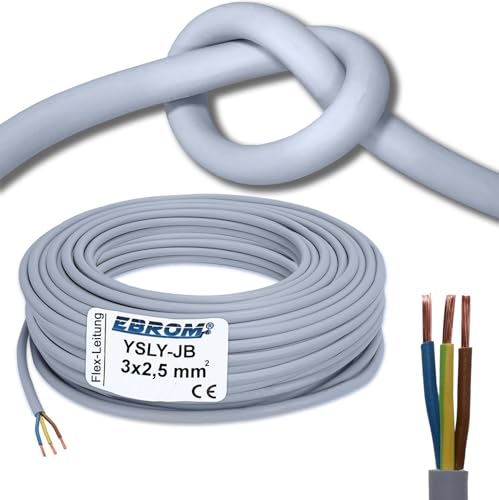 EBROM 5 Meter flexibles YSLY-JB 3x2,5 mm² hochflexibles Verlegekabel in grau, 3-adrig: braun - blau - grün/gelb) - Länge: 5 m - 3x2,5 mm² von EBROM