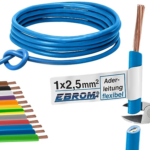 Aderleitung Verdrahtungsleitung - Einzelader flexibel - PVC Leitung - H07V-K 2,5 mm² - Farbe: hellblau - viele Längen in 5 Meter-Schritten lieferbar, Ihre Länge: 50 m 2,5mm2 von EBROM
