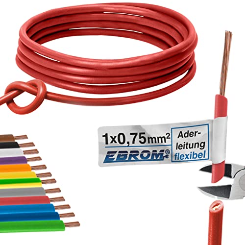 EBROM Aderleitung - Einzelader flexibel - PVC Leitung - Schaltlitze - Litze H05V-K 0,75 mm² (0,75 mm2) - Farbe: rot - viele Längen wählbar, von 10 Meter bis 100 m - Ihre ausgewählte Länge: 25 m von EBROM