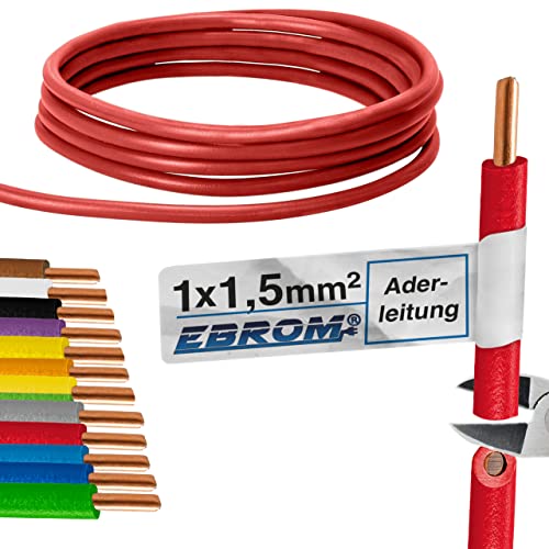 EBROM Aderleitung - Einzelader starr - PVC Leitung - Verdrahtungsleitung - H07V-U 1,5 mm² - 1,5 mm2 - Farbe: rot - viele Längen wählbar, von 10 Meter bis 100 Meter - Ihre ausgewählte Länge: 10 m von EBROM