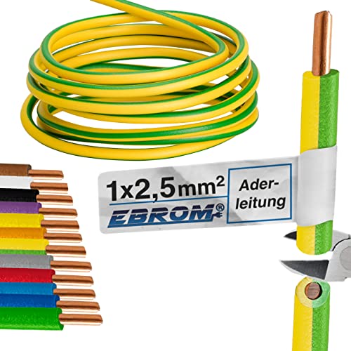 EBROM Aderleitung - Einzelader starr - PVC Leitung - Verdrahtungsleitung - H07V-U 2,5 mm² - 2,5 mm2 - Farbe: grün gelb - viele Längen wählbar, von 10 Meter bis 100 Meter - Ihre ausgewählte Länge: 25 m von EBROM