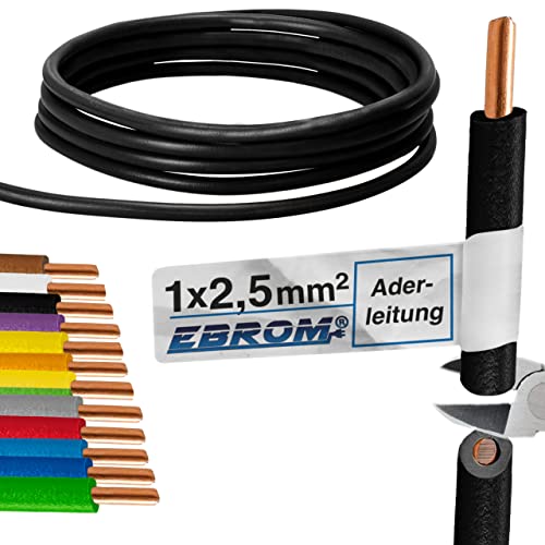 EBROM Aderleitung - Einzelader starr - PVC Leitung - Verdrahtungsleitung - H07V-U 2,5 mm² - 2,5 mm2 - Farbe: schwarz - viele Längen wählbar, von 10 Meter bis 100 Meter - Ihre ausgewählte Länge: 10 m von EBROM
