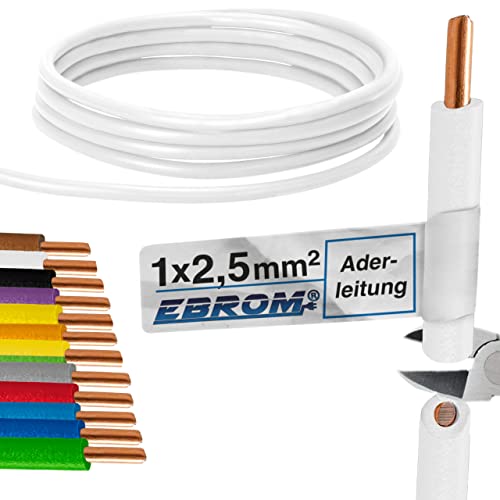 EBROM Aderleitung - Einzelader starr - PVC Leitung - Verdrahtungsleitung - H07V-U 2,5 mm² - 2,5 mm2 - Farbe: weiß - viele Längen wählbar, von 10 Meter bis 100 Meter - Ihre ausgewählte Länge: 20 m von EBROM