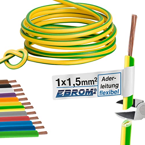 Aderleitung Verdrahtungsleitung - Einzelader flexibel 1,5 mm2 - PVC Leitung - H07V-K 1,5 mm² - Farbe: grün gelb - viele Längen in 5 Meter-Schritten lieferbar, Ihre Länge: 15 m von EBROM