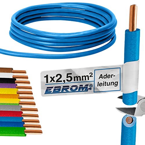 EBROM - 10 Meter Aderleitung eindrähtig - Einzelader - Verdrahtungsleitung starr - PVC Leitung - H07V-U 2,5mm2 | 2,5 mm² | 2,5 mm2 - Farbe: hellblau - Vollkupfer 99,9% OFC Kupfer - Länge: 10 Meter von EBROM