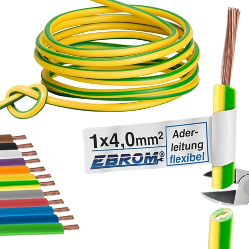 EBROM - 10 Meter Aderleitung mehrdrähtig - Einzelader - Verdrahtungsleitung flexibel - PVC Leitung - H07V-K 4mm2 | 4 mm² | 4 mm2 - Farbe: grün-gelb - Schutzleiter - 99,9% OFC Kupfer - Länge: 10 Meter von EBROM