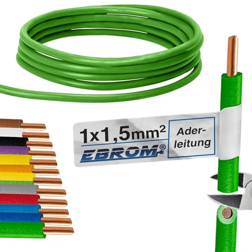 EBROM 100 Meter Aderleitung Litze Draht starre Leitung H07V-U 1,5 mm² 1x1,5 mm2 – starr – viele Farben zur Auswahl (GRUEN) - Verdrahtungsleitung in 100 m Ringen, 1,5mm2 - Ihre Farbauswahl: grün von EBROM