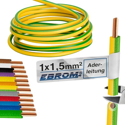 EBROM 100 Meter Aderleitung Litze Draht starre Leitung H07V-U 1,5 mm² 1x1,5 mm2 – starr – viele Farben zur Auswahl (GRUEN GELB) Verdrahtungsleitung in 100m Ringen, 1,5mm2, Ihre Farbauswahl: grün gelb von EBROM