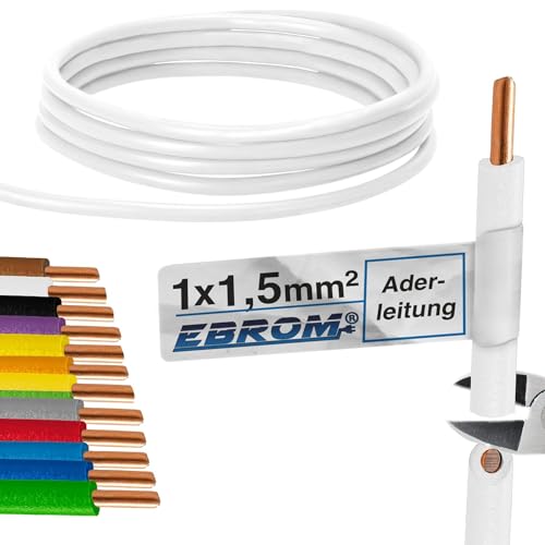 EBROM 100 Meter Aderleitung Litze Draht starre Leitung H07V-U 1,5 mm² 1x1,5 mm2 – starr – viele Farben zur Auswahl (WEISS) - Verdrahtungsleitung in 100 m Ringen, 1,5mm2 - Ihre Farbauswahl: weiß von EBROM