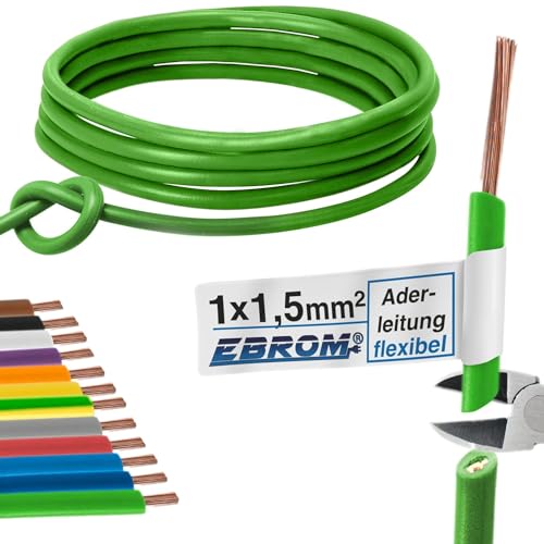 EBROM 100 Meter Aderleitung Litze flexible Leitung H07V-K 1,5 mm² 1x1,5 mm2 – flexibel – viele Farben zur Auswahl (GRUEN) - in 100 m Ringen, 1,5mm2 - Ihre Farbauswahl: grün von EBROM