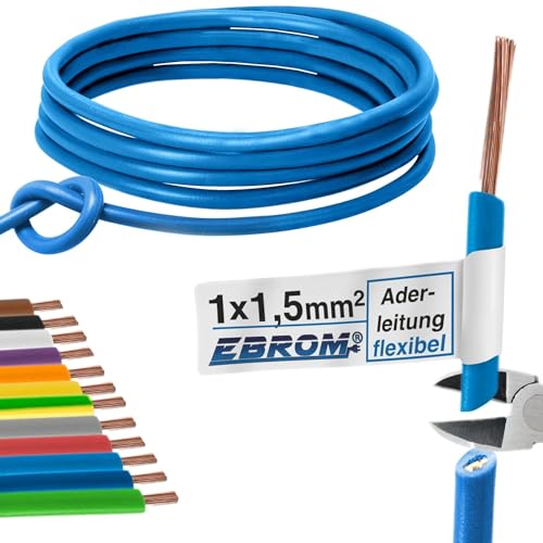 EBROM 100 Meter Aderleitung Litze flexible Leitung H07V-K 1,5 mm² 1x1,5 mm2 – flexibel – viele Farben zur Auswahl (HELLBLAU) - in 100 m Ringen, 1,5mm2 - Ihre Farbauswahl: hellblau von EBROM