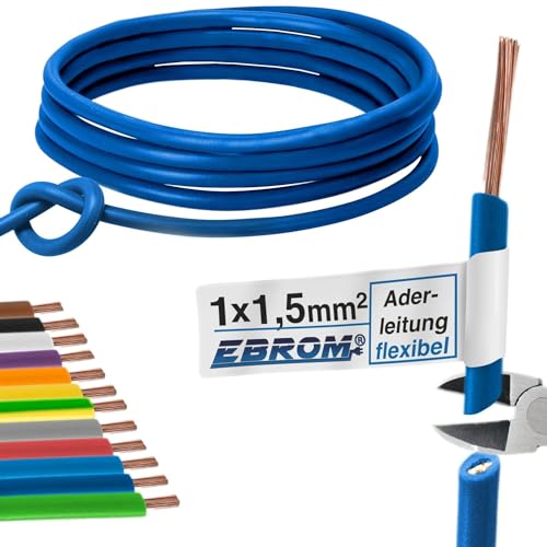 EBROM 100 Meter Aderleitung Litze flexible Leitung H07V-K 1,5 mm² 1x1,5 mm2 – flexibel – viele Farben zur Auswahl (DUNKELBLAU) - in 100 m Ringen, 1,5mm2 - Ihre Farbauswahl: dunkelblau von EBROM