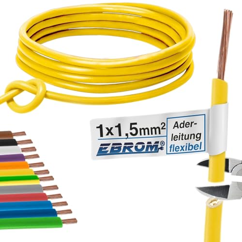 EBROM 100 Meter Aderleitung Litze flexible Leitung H07V-K 1,5 mm² 1x1,5 mm2 – flexibel – viele Farben zur Auswahl (GELB) - in 100 m Ringen, 1,5mm2 - Ihre Farbauswahl: gelb von EBROM