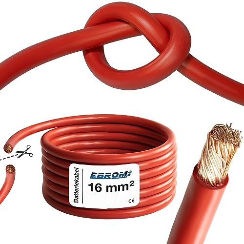 EBROM - 2 Meter Batteriekabel hochflexibel Hi-Flex (Hi Flex) ROT - 16mm2 Kabel - sehr biegsam – Mantel aus PVC (70 ± 5 Shore) – 100% OFC Kupfer 16 mm² - als Starterkabel, Ladekabel oder ähnliches von EBROM