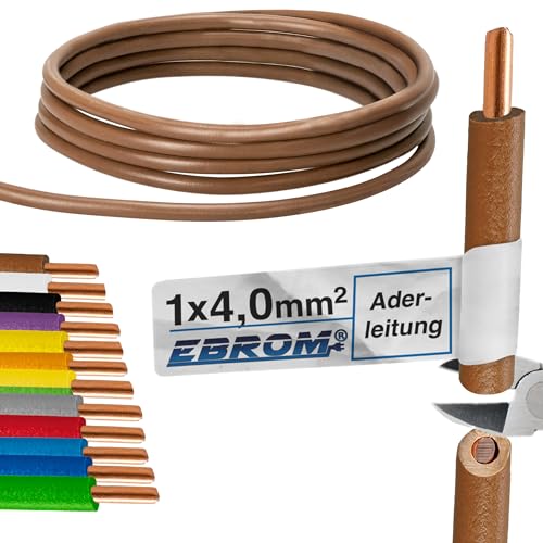 EBROM - 30 Meter Aderleitung eindrähtig - Einzelader - Verdrahtungsleitung starr - PVC Leitung - H07V-U 4mm2 | 4 mm² | 4 mm2 - Farbe: braun - Vollkupfer 99,9% OFC Kupfer - Länge: 30 Meter von EBROM