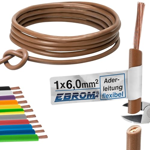 EBROM - 30 Meter Aderleitung mehrdrähtig - Einzelader - Verdrahtungsleitung flexibel - PVC Leitung - H07V-K 6mm2 | 6 mm² | 6 mm2 - Farbe: braun - Vollkupfer 99,9% OFC Kupfer - Länge: 30 Meter von EBROM