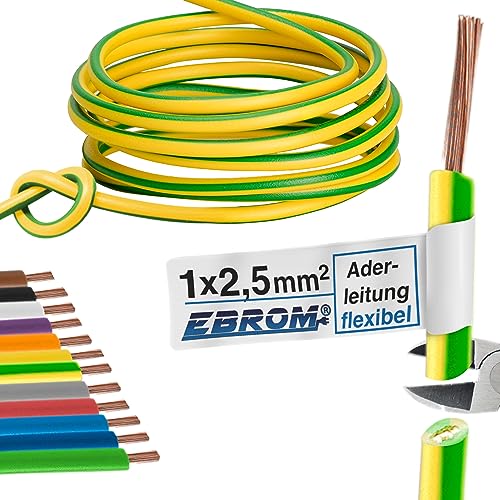 EBROM - 5 Meter Aderleitung mehrdrähtig - Einzelader - Verdrahtungsleitung flexibel - PVC Leitung - H07V-K 2,5mm2 | 2,5 mm² | 2,5 mm2 - Farbe: grün-gelb - Schutzleiter -99,9% OFC Kupfer - Länge: 5 m EBROM - 5 Meter Aderleitung mehrdrähtig - Einzelader - Verdrahtungsleitung flexibel - PVC Leitung - H07V-K 2,5mm2 | 2,5 mm² | 2,5 mm2 - Farbe: grün-gelb - Schutzleiter -99,9% OFC Kupfer - Länge: 5 m von EBROM