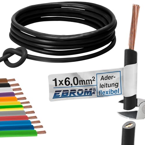 EBROM - 5 Meter Aderleitung mehrdrähtig - Einzelader - Verdrahtungsleitung flexibel - PVC Leitung - H07V-K 6mm2 | 6 mm² | 6 mm2 - Farbe: schwarz - Vollkupfer 99,9% OFC Kupfer - Länge: 5 Meter EBROM - 5 Meter Aderleitung mehrdrähtig - Einzelader - Verdrahtungsleitung flexibel - PVC Leitung - H07V-K 6mm2 | 6 mm² | 6 mm2 - Farbe: schwarz - Vollkupfer 99,9% OFC Kupfer - Länge: 5 Meter von EBROM
