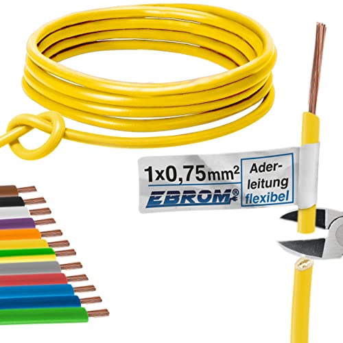 EBROM Aderleitung - Einzelader flexibel - PVC Leitung - Schaltlitze - Litze H05V-K 0,75 mm² (0,75 mm2) - Farbe: gelb - viele Längen wählbar, von 10 Meter bis 100 m - Ihre ausgewählte Länge: 15 m von EBROM