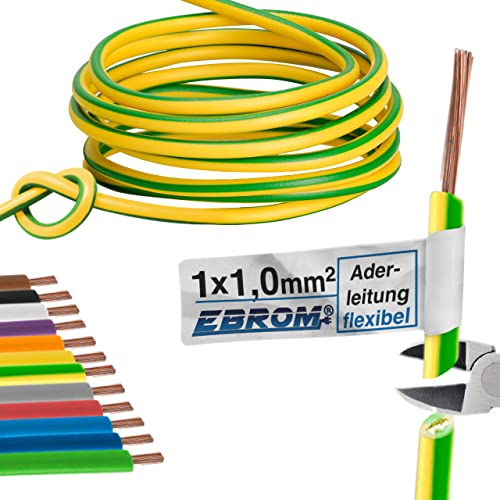 EBROM Aderleitung - Einzelader flexibel - PVC Leitung - Schaltlitze - Litze H05V-K 1 mm² (1,0 mm2) - Farbe: grün gelb - viele Längen wählbar, von 10 Meter bis 100 Meter - Ihre ausgewählte Länge: 15 m von EBROM