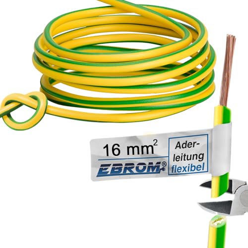 EBROM Aderleitung Erdungskabel H07V-K (K = flexibel feindrähtig 99,9% OFC Kupfer, Vollkupfer) 1 x 16 mm², 5 bis 100 Meter in der Auswahl, grün/gelb 16mm2 (16 mm2) - Ihre Länge: 100 Meter von EBROM