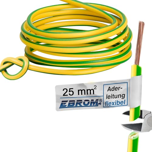 EBROM Aderleitung Erdungskabel H07V-K (K = flexibel feindrähtig 99,9% OFC Kupfer, Vollkupfer) 1 x 25 mm², 5 bis 100 Meter in der Auswahl, grün/gelb 25mm2 (25 mm2) - Ihre Länge: 50 Meter von EBROM