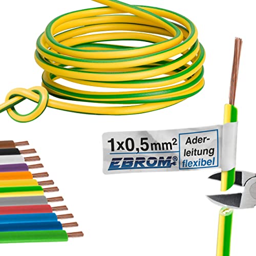 EBROM Aderleitung Litze Schaltlitze Einzelader flexibel PVC Leitung - H05V-K 0,5 mm² - Farbe: grün gelb - bestellbar in vielen Längen, auch Zwischenlängen - Ihre Auswahl: 0,5 mm2 - Länge: 10 m von EBROM