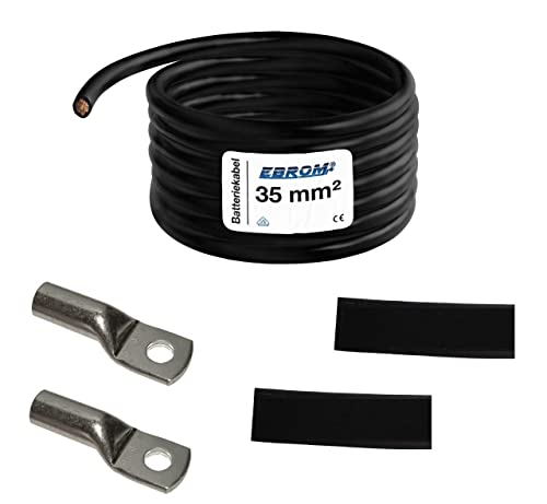 EBROM Batteriekabel „DIY SET" MASSEKABEL SCHWARZ - 35 mm² von 30 cm bis 10 Meter, Ringösen Kabelschuhe M6/M8/M10/M12 kombinierbar, Ihre Auswahl: Vollkupfer Kabel 35 mm2, 500 cm Kabelschuh M8 + M10 von EBROM