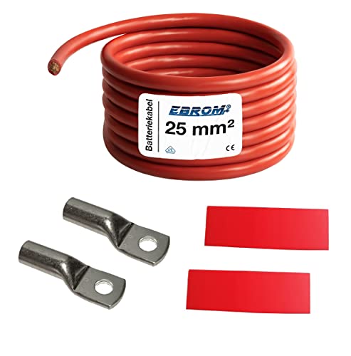 EBROM Batteriekabel „DIY SET" PLUS Kabel ROT - 25 mm² von 30 cm bis 10 Meter, Ringösen Kabelschuhe M6/M8/M10/M12 kombinierbar, Ihre Auswahl: Vollkupfer Pluskabel 25 mm2, 1000 cm Kabelschuh 2 x M8 von EBROM