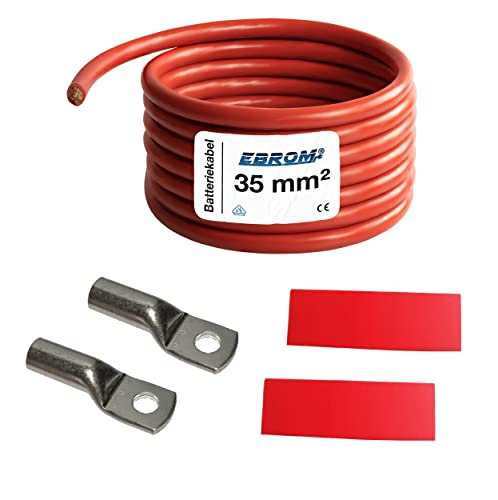 EBROM Batteriekabel „DIY SET" PLUS Kabel ROT - 35 mm² von 30 cm bis 10 Meter, Ringösen Kabelschuhe M6/M8/M10/M12 kombinierbar, Ihre Auswahl: Vollkupfer Pluskabel 35 mm2, 50 cm Kabelschuh 2 x M10 von EBROM