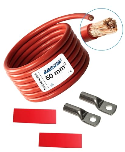 EBROM Batteriekabel „DIY SET" PLUS Kabel ROT - 50 mm² von 30 cm bis 10 Meter, Ringösen Kabelschuhe M6/M8/M10/M12 kombinierbar, Ihre Auswahl: Vollkupfer Pluskabel 50 mm2, 400 cm Kabelschuh M8 + M10 von EBROM