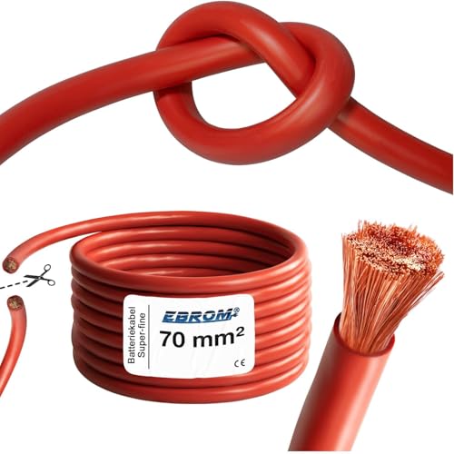 EBROM Batteriekabel 70 mm² ROT feines Kupfer höchst flexibel extrem biegsam, weich PVC, Vollkupfer feinstdrähtig OFC 99,9% - Meterware in einer Länge 70mm2-70 mm2 für Wechselrichter, Laderegler uvm. von EBROM