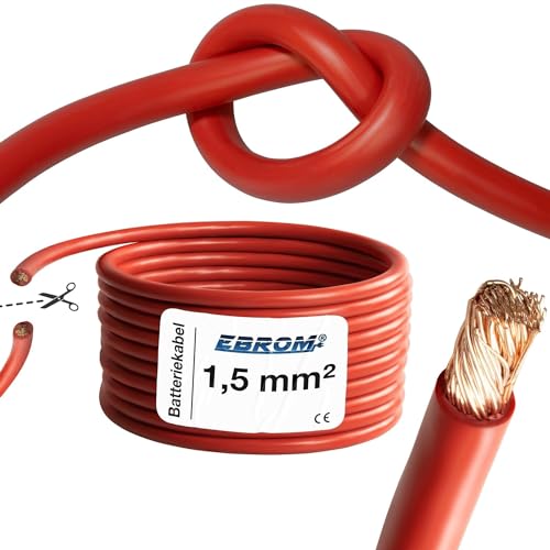 EBROM Batteriekabel hochflexibel Hi-Flex (Hi Flex) 1,5mm2 Kabel – Meterware in ROT - sehr biegsam – Mantel aus PVC (70 ± 5 Shore) 99,9% OFC Kupfer 1,5 mm² - als Starterkabel, Ladekabel oder ähnliches von EBROM