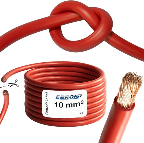 EBROM Batteriekabel hochflexibel Hi-Flex (Hi Flex) 10mm2 Kabel – Meterware in ROT - sehr biegsam – Mantel aus PVC (70 ± 5 Shore) 99,9% OFC Kupfer 10 mm² - als Starterkabel, Ladekabel oder ähnliches von EBROM