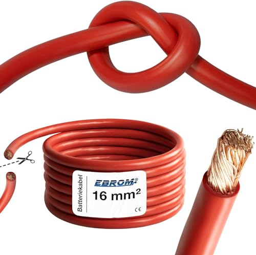 EBROM Batteriekabel hochflexibel Hi-Flex (Hi Flex) 16mm2 Kabel – Meterware in ROT - sehr biegsam – Mantel aus PVC (70 ± 5 Shore) – 99,9% OFC Kupfer 16 mm² - als Starterkabel, Ladekabel oder ähnliches von EBROM