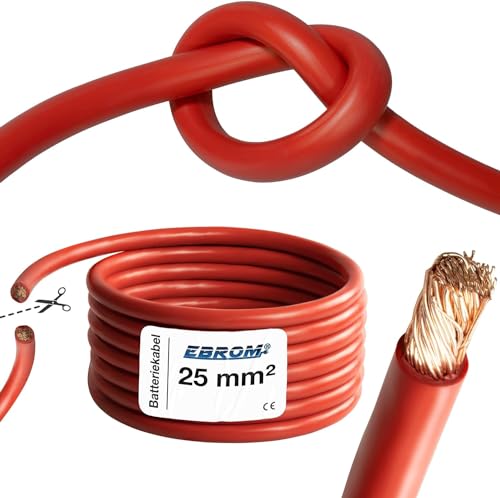 EBROM Batteriekabel hochflexibel Hi-Flex (Hi Flex) 25mm2 Kabel – Meterware in ROT - sehr biegsam – Mantel aus PVC (70 ± 5 Shore) – 99,9% OFC Kupfer 25 mm² - als Starterkabel, Ladekabel oder ähnliches von EBROM