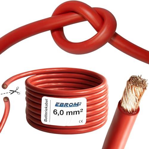 EBROM Batteriekabel hochflexibel Hi-Flex (Hi Flex) 6mm2 Kabel – Meterware in ROT - sehr biegsam – Mantel aus PVC (70 ± 5 Shore) – 99,9% OFC Kupfer 6 mm² - als Starterkabel, Ladekabel oder ähnliches von EBROM