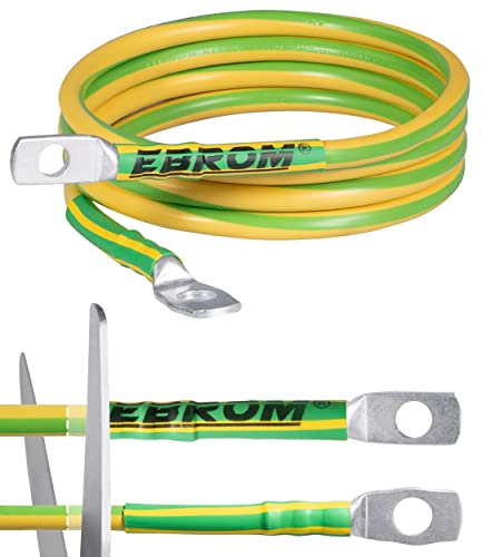 EBROM Erdungskabel - Erdungsleitung H07V-K 16 mm² grün-gelb Erdungsleiter, 30 cm bis 10 m Länge + Kabelschuhe M6/M8/M10/M12 kombinierbar, Made in Germany, 16 mm2 für Kreuzerder 400 cm Loch 2 x M6 von EBROM