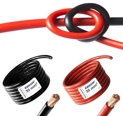 EBROM HI-FLEX - 20 Meter hochflexibles Batteriekabel - rot und schwarz - Pluskabel und Massekabel - 35mm2 | 35 mm² | 35 mm2 - Vollkupfer 99,9% OFC Kupfer Stromkabel - Ihre Länge: je 20 Meter von EBROM