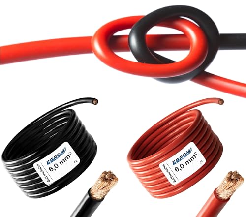 EBROM HI-FLEX - 5 Meter hochflexibles Batteriekabel - rot und schwarz - Pluskabel und Massekabel - 6mm2 | 6 mm² | 6 mm2 - Vollkupfer 99,9% OFC Kupfer Stromkabel - Ihre Länge: je 5 Meter von EBROM